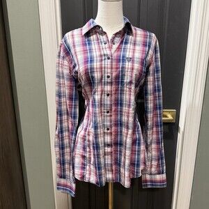 Shyanne Women's L/S Western Shirt Sz L 100% Cotton Plaid Snap Pearl EUC